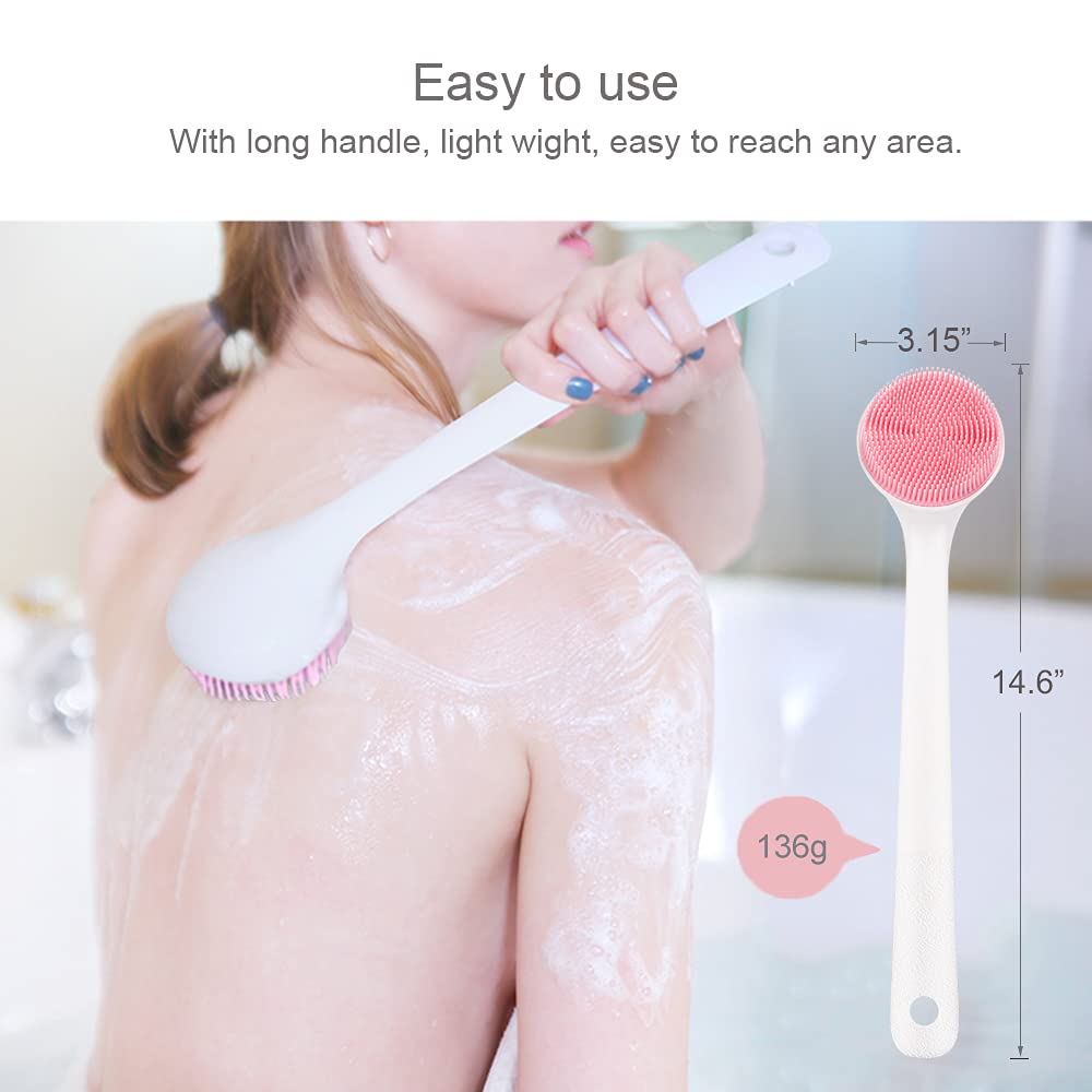 Silicone Back Scrubber for Shower, Back Washer Brush Long Handle with Soft Bristles, Bath Body Shower Exfoliator Brush for Men and Women, BPA Free, Non-Slip